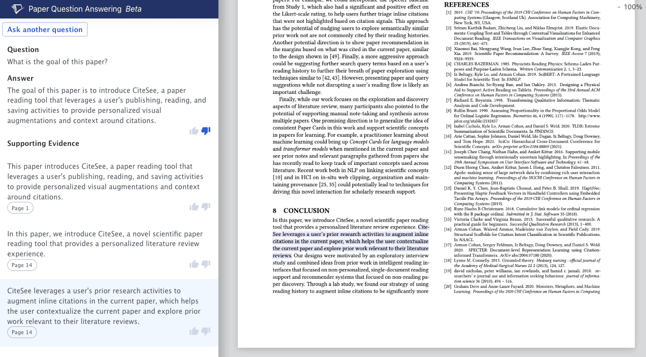 Screenshot of LLMQA system - on the left, the sidebar shows the user input question. Below, there is a generated answer and a list of three supporting statements extracted from the paper. The third statement is highlighted indicating that its active, on the left, in the papers pdf, the corresponding supporting evidences is also highlighted.